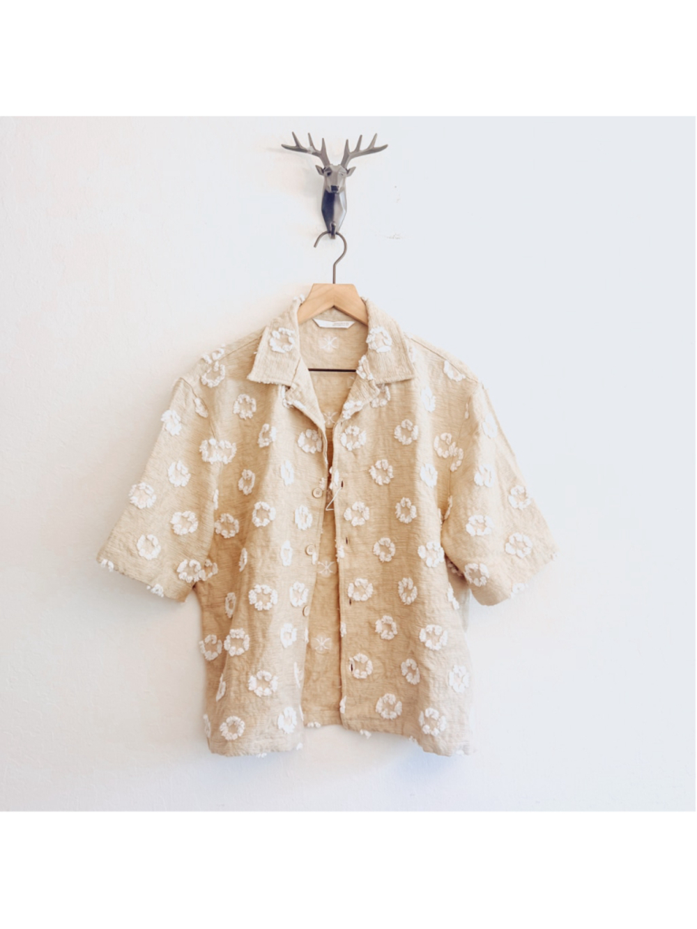 Men’s Zara Button Down Shirt Size Small Beige White Floral Textured NWT